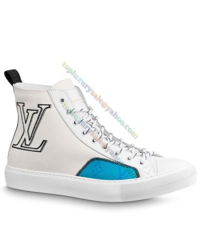  Louis Vuitton Tattoo Blue Monogram Patch Large LV Embroidery Side White High Top Canvas Shoes For Men