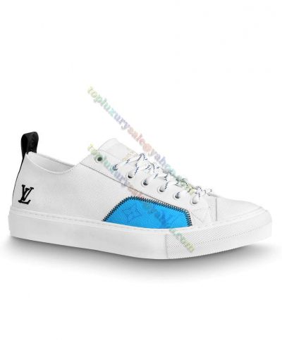 Men's  Louis Vuitton Tattoo Blue Patch Small LV Embroidery Design Side Low Top White Canvas Sneakers 