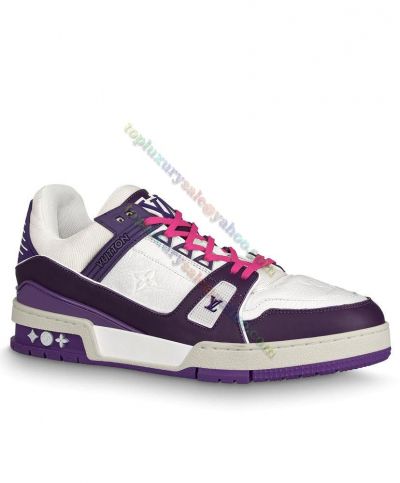  Men's Louis Vuitton Trainer Embossed Monogram Grained Calfski Vuitton Signature Side Purple Sneaker Hot Sale