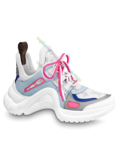  LV Archlight Light Blue&Rose Red Detail Wave Shaped Outsole Monogram Upper Design Two-Tone Lace Up Sneakers For Women