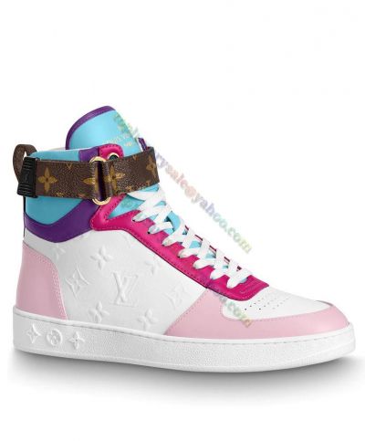  Louis Vuitton Boombox Raised Monogram Embossed Calfskin Canvas Velcro Strap Pink Lace Up High Top Sneaker For Women