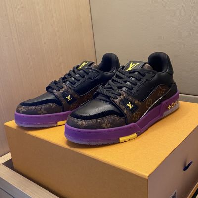  AAA Louis Vuitton Trainer Black Leather Brown Monogram Trim Purple Rubber Sole Yellow Details Sneaker