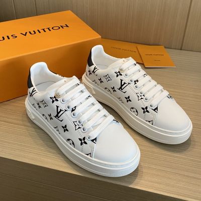 Women's Clone White Leather Embossed Black Monogram Thick Serrate Sole - Hot Selling  Louis Vuitton Time Out Sneaker