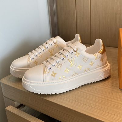  AAA Louis Vuitton Time Out White Leather Debossed Dense Yellow Monogram Thick Rubber Sole USA